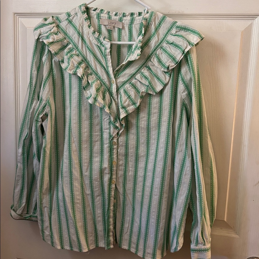 LOFT Green and White Ruffle Stripe Blouse